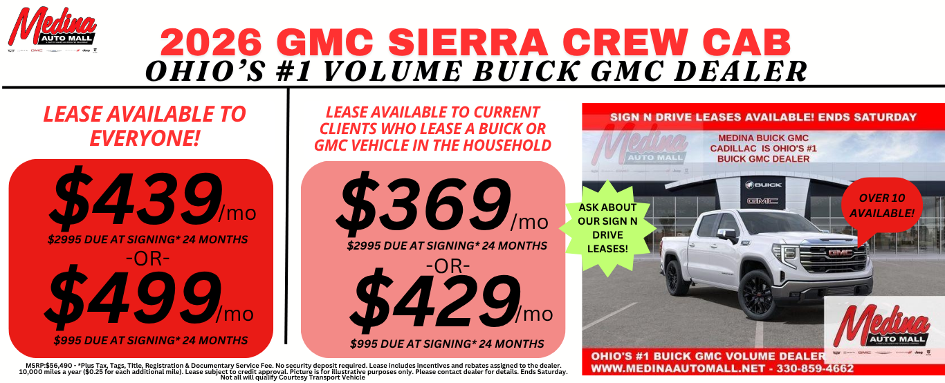 GMC SIERRA CREW CAB LEASE DEALS NEAR AKRON, CLEVELAND AND MEDINA OHIO