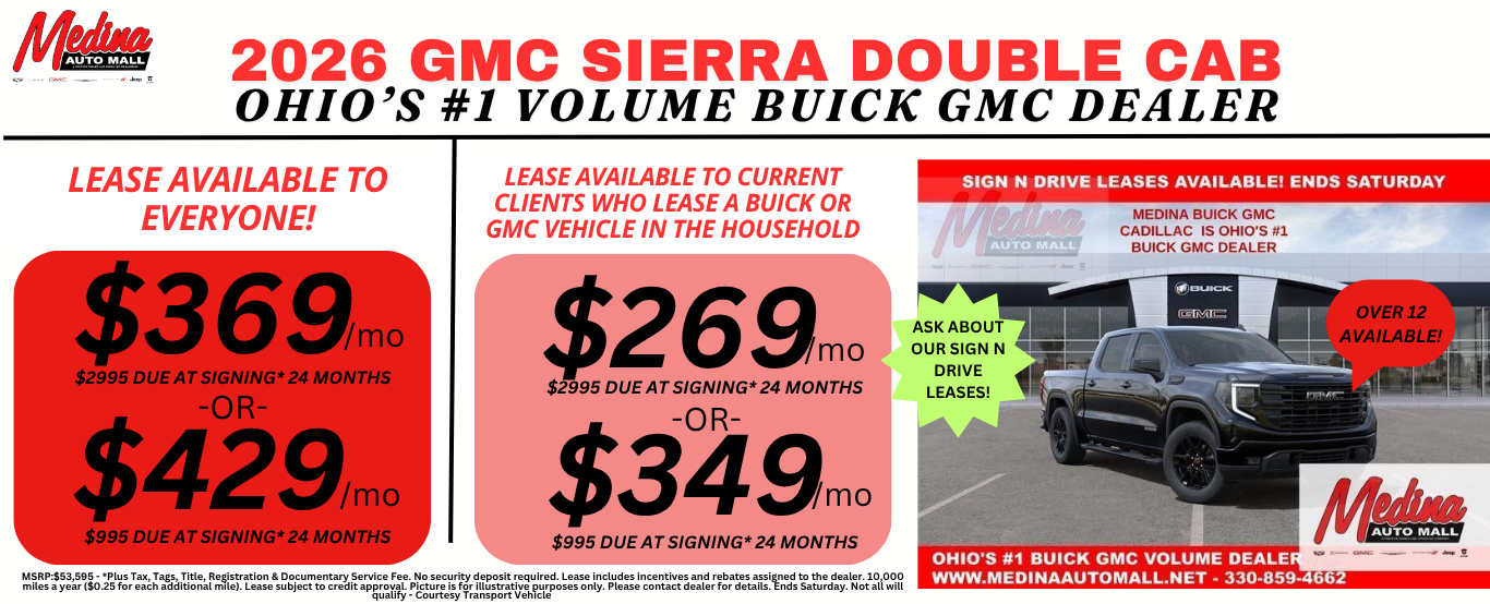 GMC SIERRA DOUBLE CAB LEASE DEALS NEAR AKRON, CLEVELAND AND MEDINA OHIO