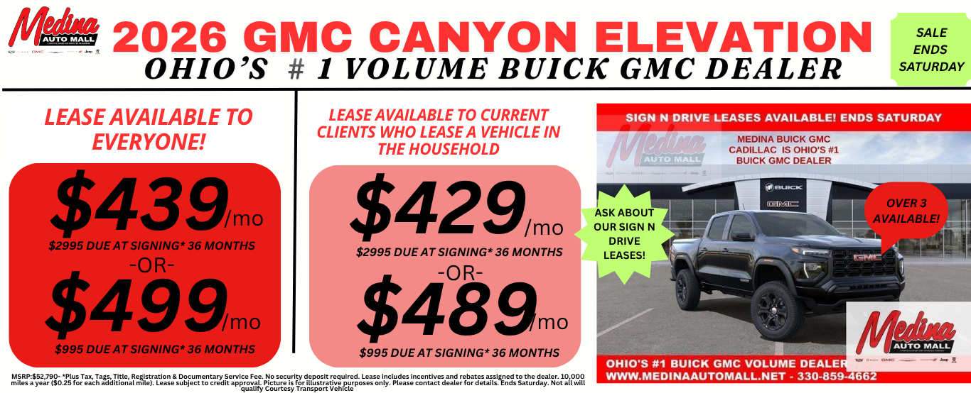 GMC CANYON LEASE DEALS NEAR AKRON, CLEVELAND AND MEDINA OHIO