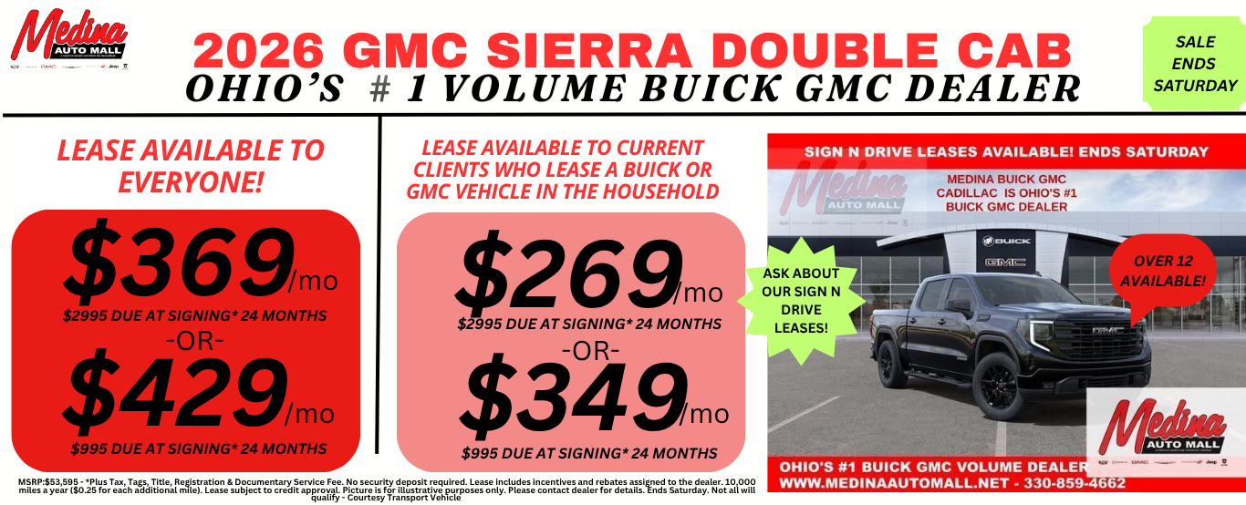 GMC SIERRA DOUBLE CAB LEASE DEALS NEAR AKRON, CLEVELAND AND MEDINA OHIO
